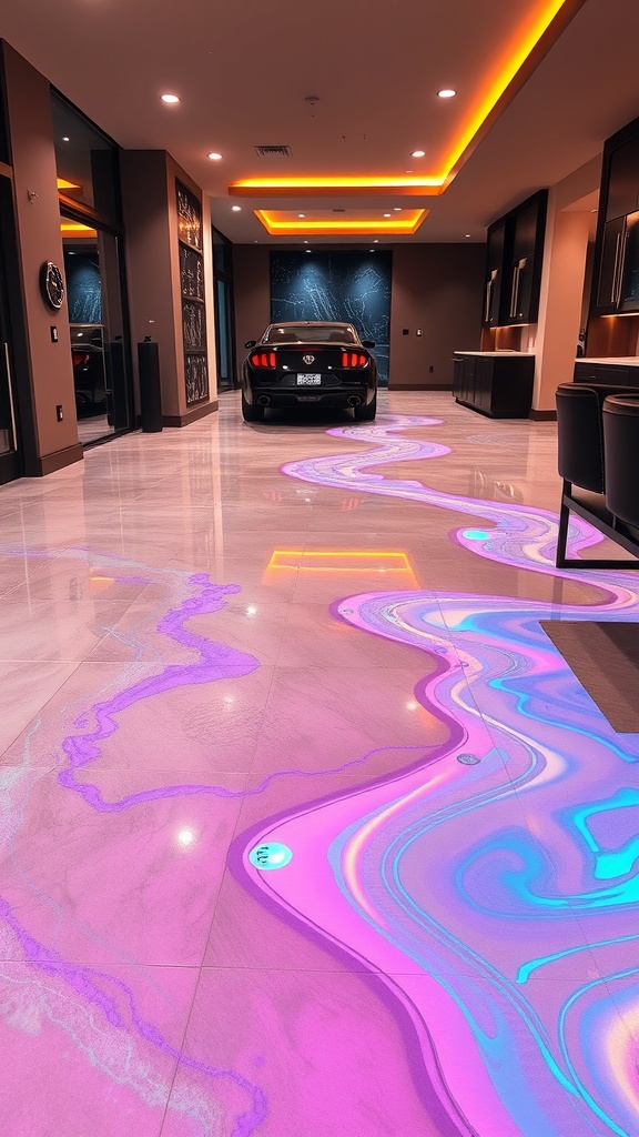 A modern living space with a holographic epoxy floor design featuring swirling pink and purple patterns.