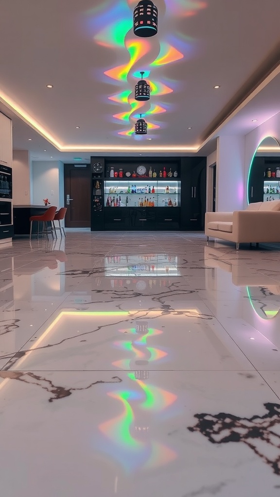 A modern interior with holographic epoxy flooring reflecting colorful lights from the ceiling.