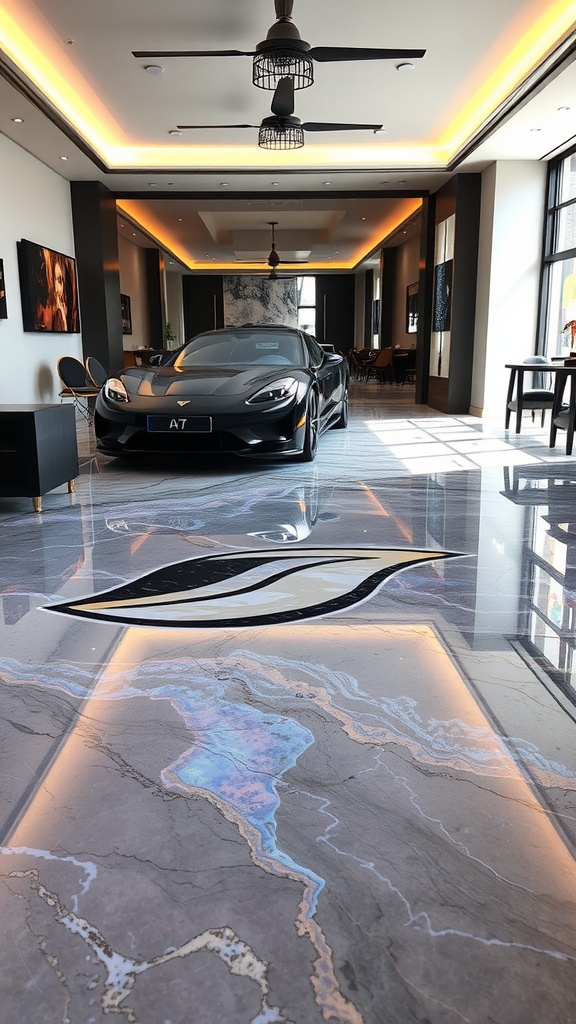 A luxurious space featuring a sleek car on a holographic epoxy floor, showcasing stunning modern design.
