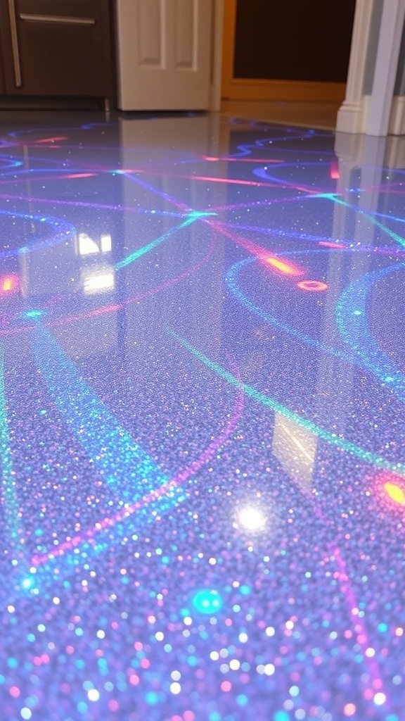 A stylish interior showcasing a holographic glitter epoxy floor in a modern living space.