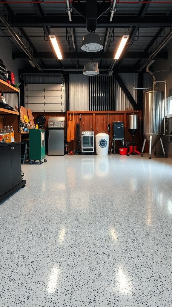A well-lit garage workshop featuring polished epoxy flooring, shelves with brewing tools, and a brewing setup.