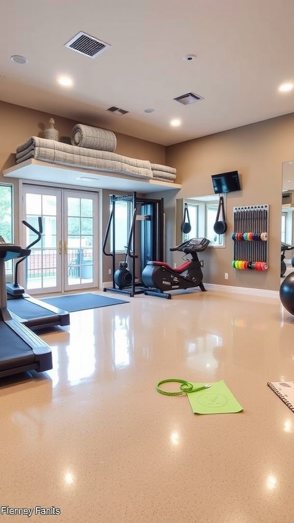 A well-equipped home gym featuring epoxy flooring, workout equipment, and motivational posters.