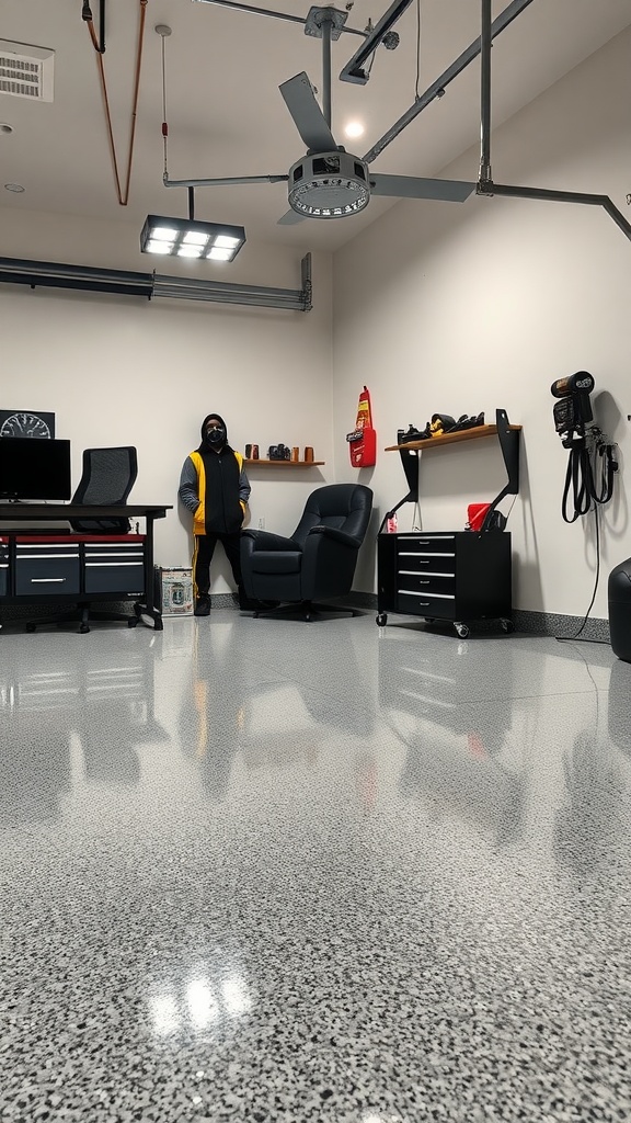 Home office corner in a garage workshop with polished epoxy floor