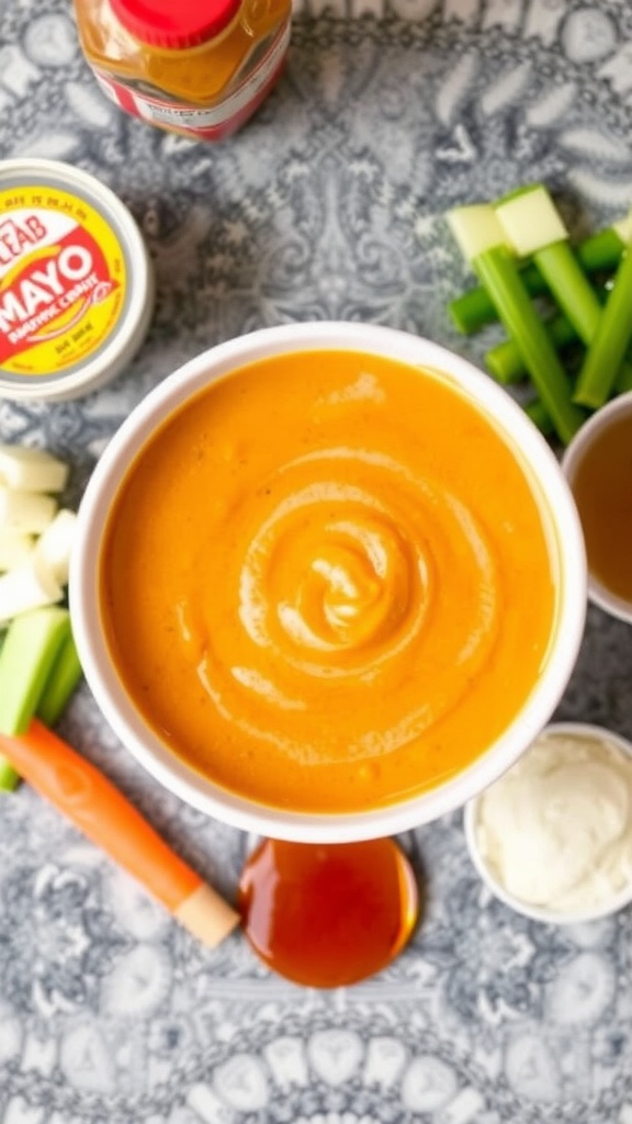 A bowl of bright orange homemade Bang Bang sauce with ingredients nearby.