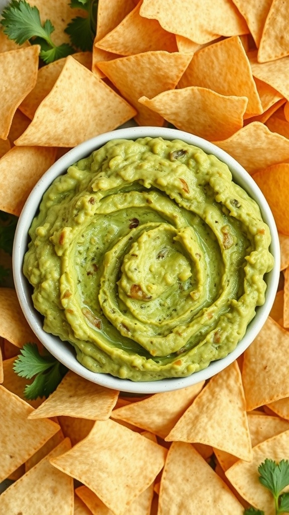 Bowl of homemade guacamole surrounded by tortilla chips.