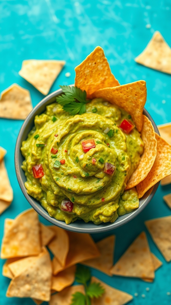 A bowl of homemade guacamole surrounded by tortilla chips