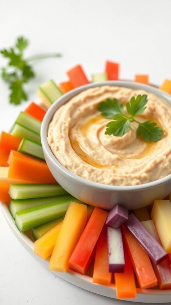 Homemade hummus served with an assortment of colorful vegetable dippers.