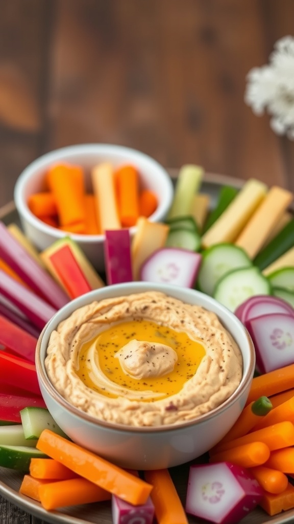A bowl of homemade hummus surrounded by colorful veggie sticks