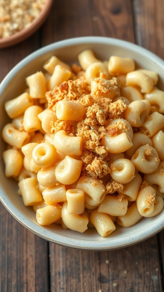 A bowl of creamy macaroni and cheese topped with breadcrumbs.
