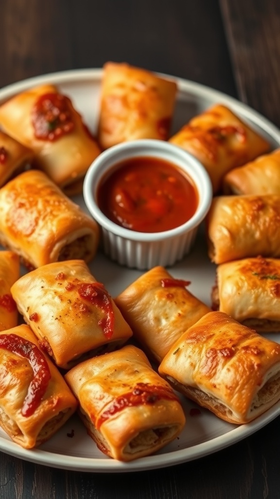 A plate of homemade pizza rolls with marinara sauce