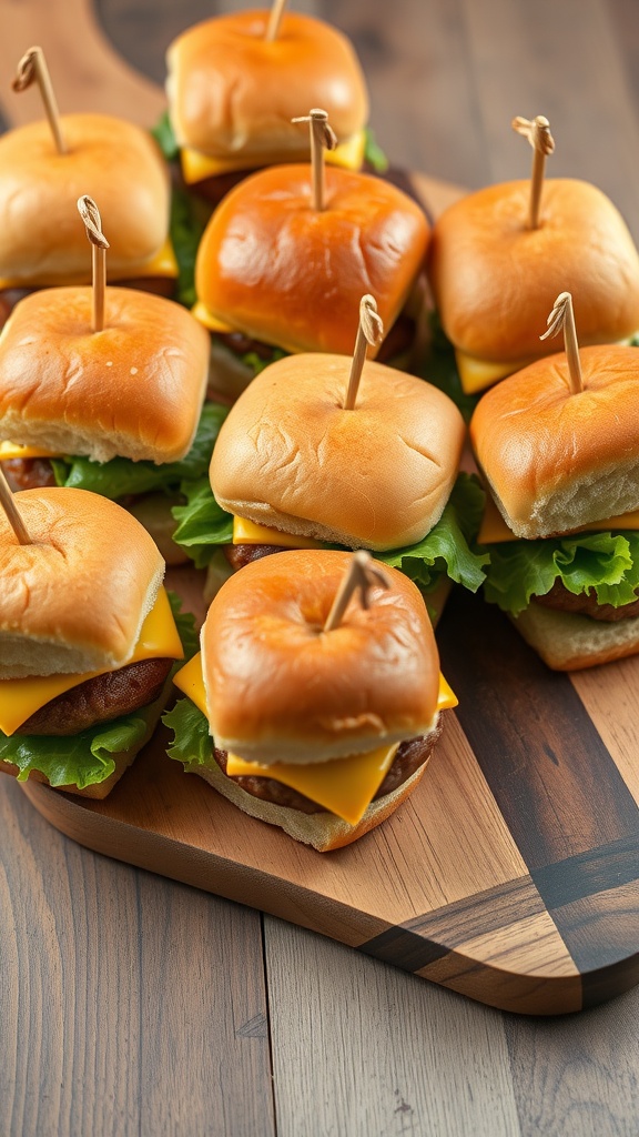 A delicious array of homemade sliders topped with cheese, lettuce, and sauces, perfect for game day.