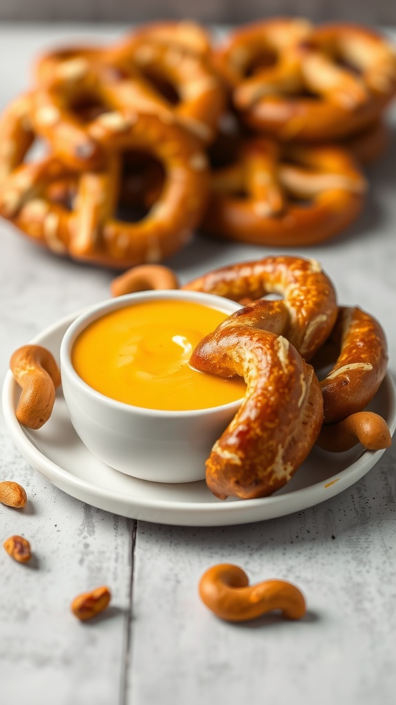 Soft pretzels with cheese dip on a plate