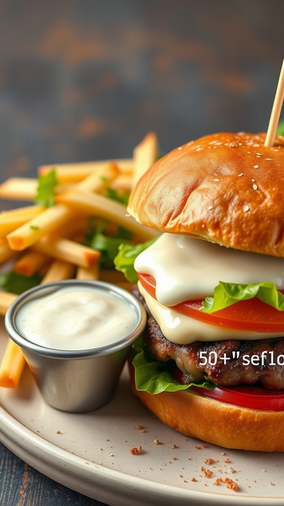 A bowl of homemade Thousand Island dressing next to a burger