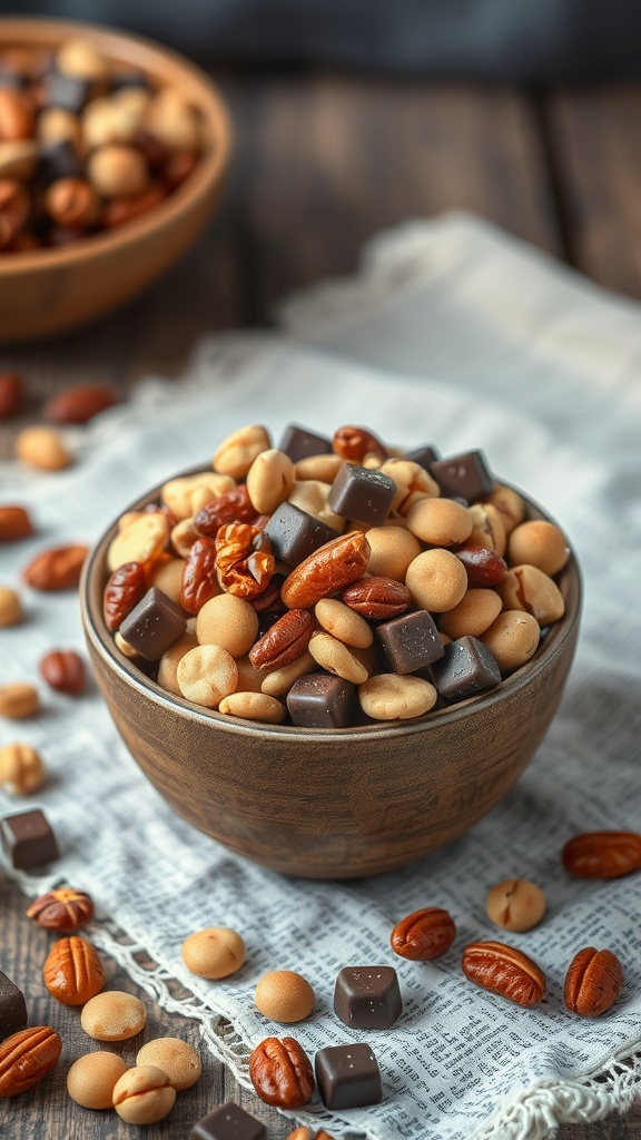 A bowl of homemade trail mix made with nuts, dried fruits, and chocolate.