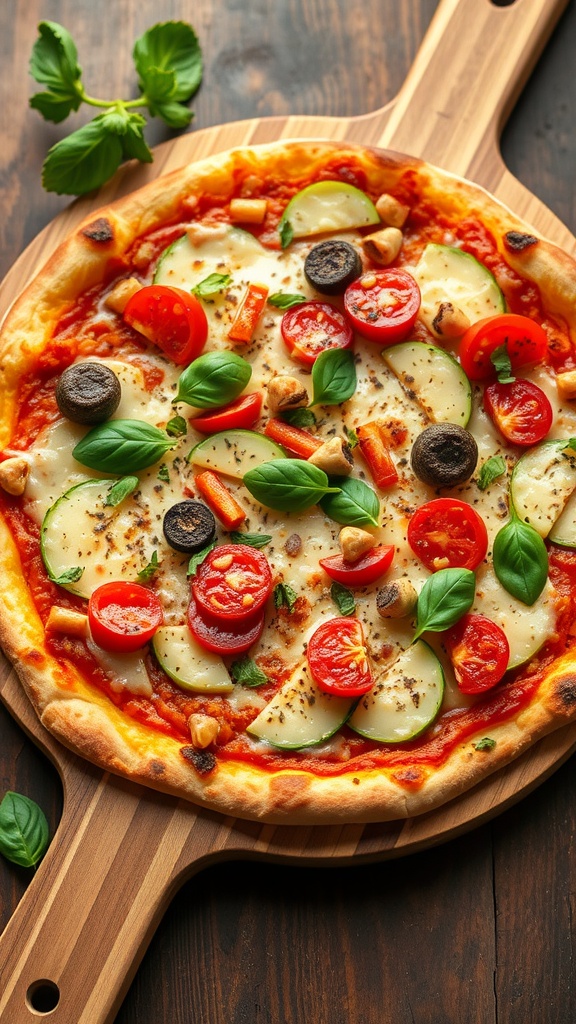 A delicious homemade vegetable pizza with colorful toppings