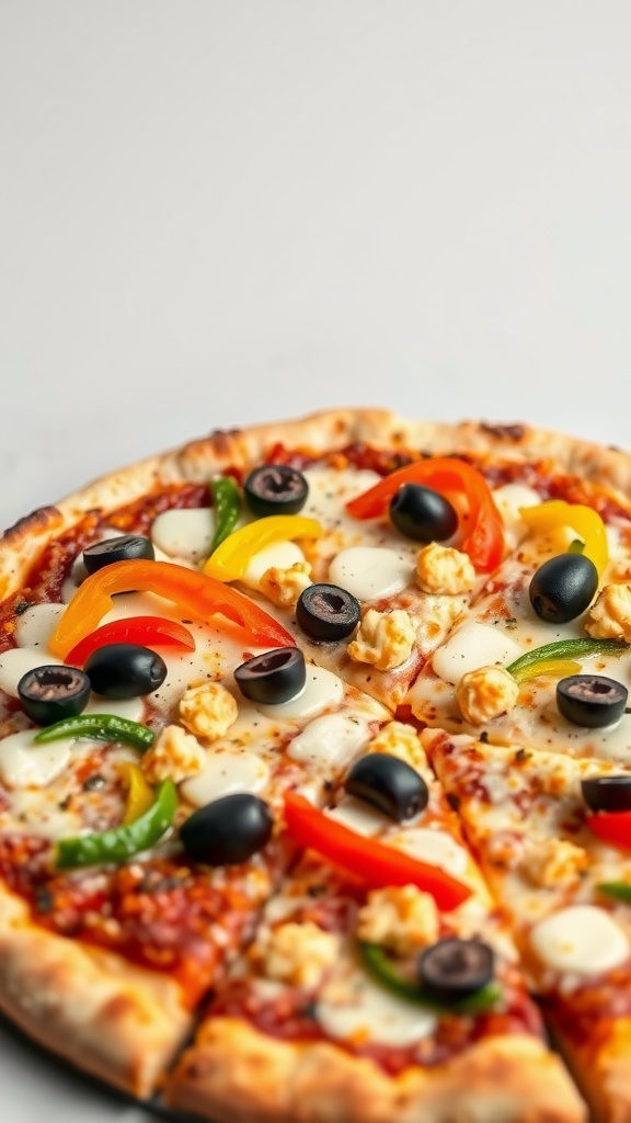 A delicious homemade veggie pizza topped with colorful vegetables and cheese.
