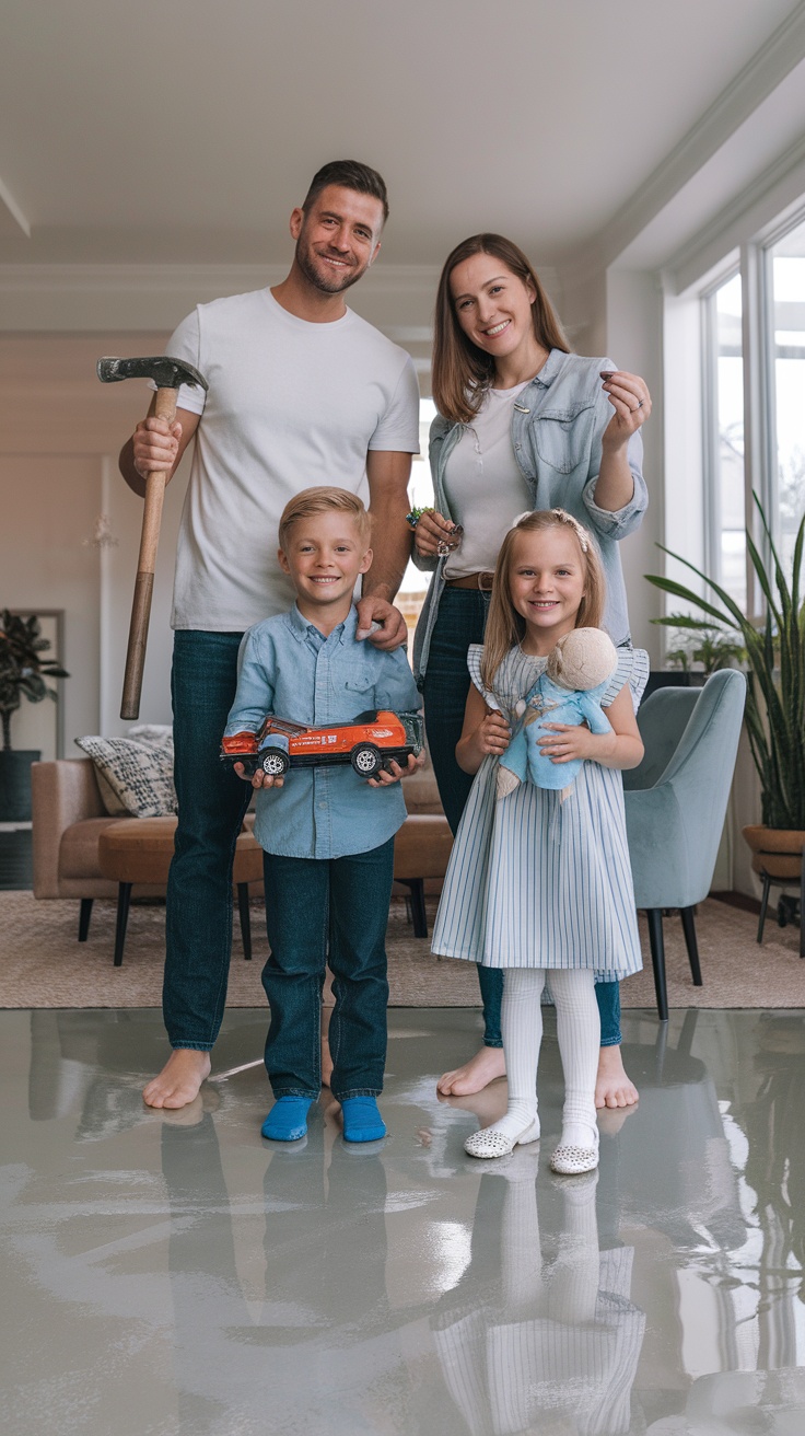 A family standing in a bright living room, showcasing a shiny epoxy floor.