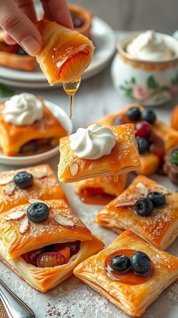 Honey Almond Puff Pastry Squares drizzled with honey and topped with berries.