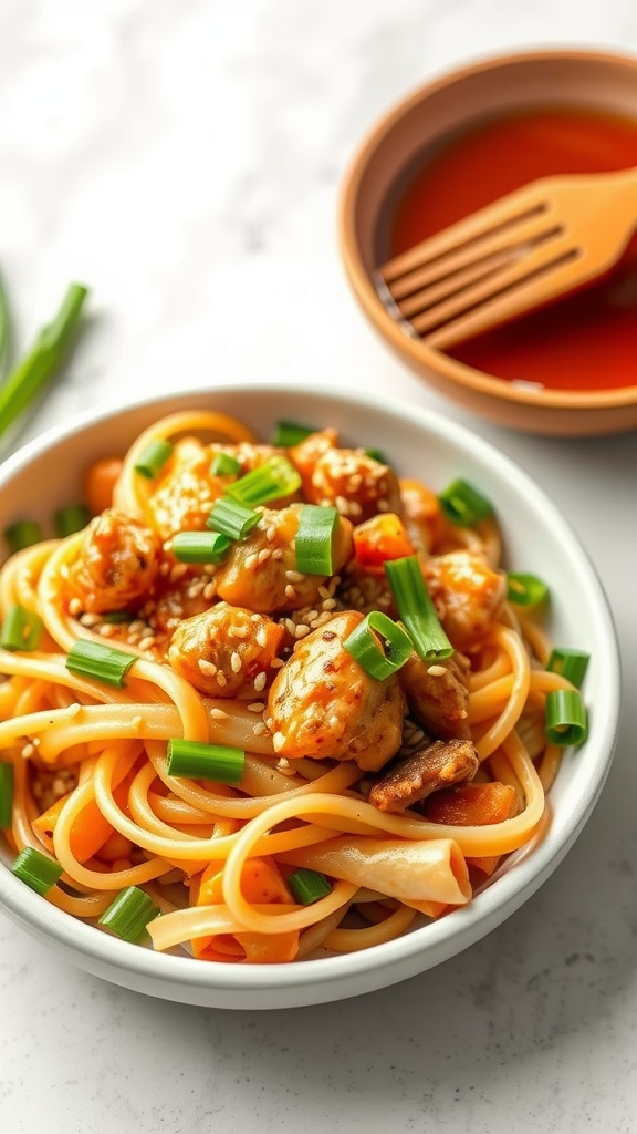 Honey Garlic Chicken Pasta dish with chicken pieces and green onions