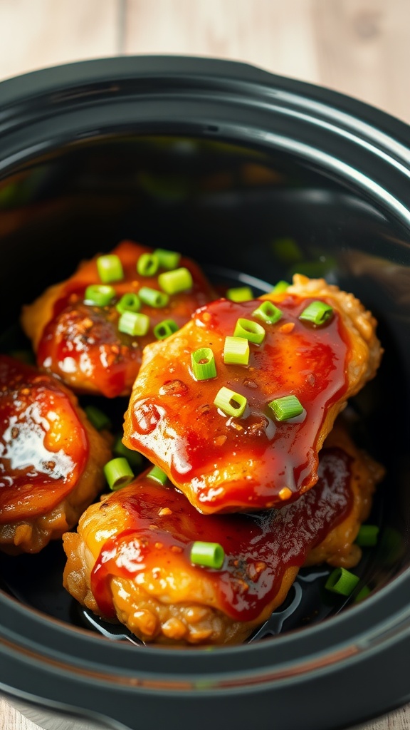 Delicious honey garlic chicken thighs in a crock pot, garnished with green onions.