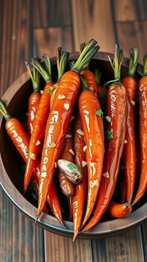 Honey garlic glazed carrots in a wooden bowl