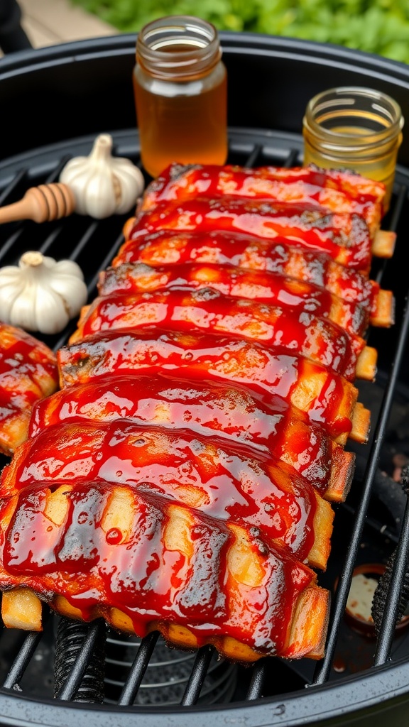 Honey garlic glazed ribs on a grill