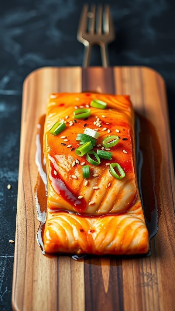 Honey garlic glazed salmon with green onions and sesame seeds on a wooden platter.