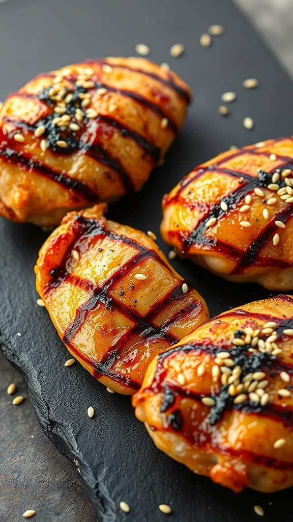 Grilled chicken thighs glazed with honey and garlic on a slate serving board.
