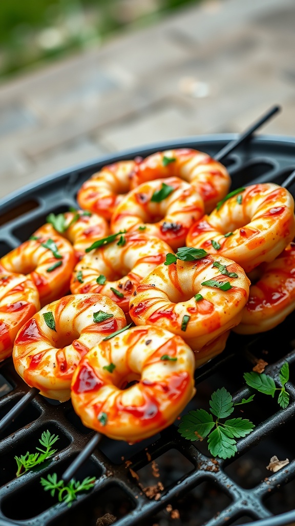 Honey garlic shrimp skewers ready to grill