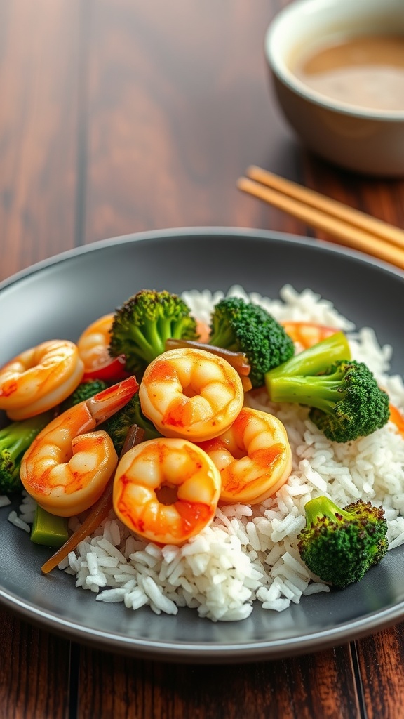 A plate of honey garlic shrimp with broccoli over rice