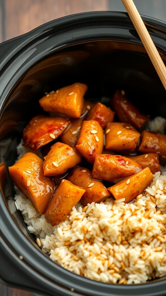 A bowl of Honey Garlic Teriyaki Chicken served over rice, garnished with sesame seeds and green onions.