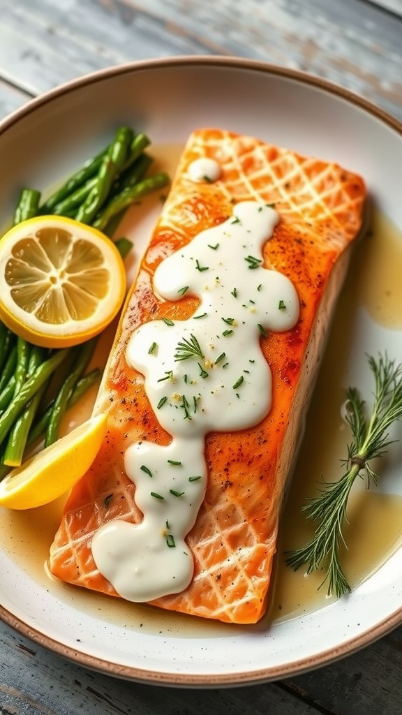 Honey Lemon Baked Salmon with Dill served with green beans and lemon slices.