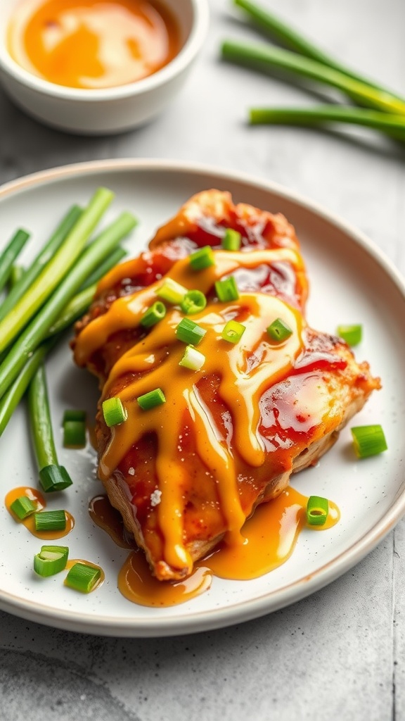 A plate of honey mustard glazed chicken with green onions and a small bowl of sauce.