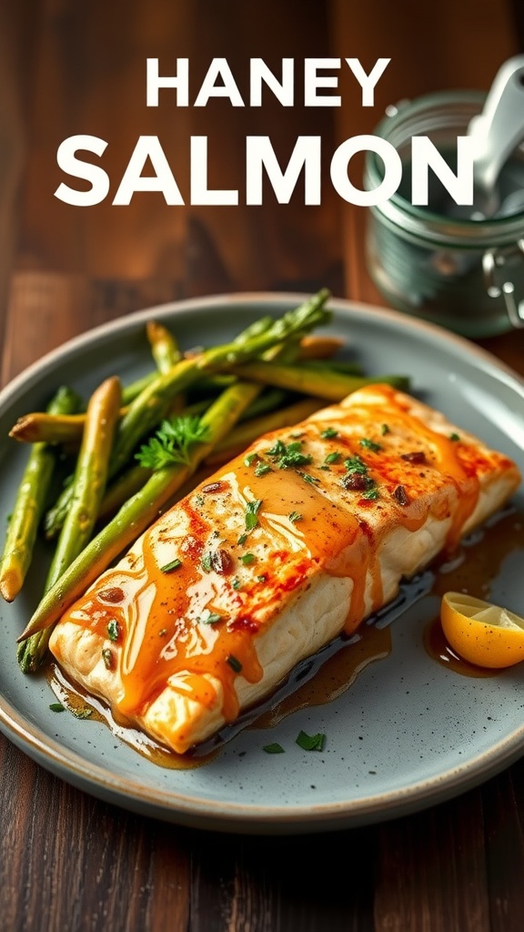 Honey Mustard Glazed Salmon with green beans on a plate