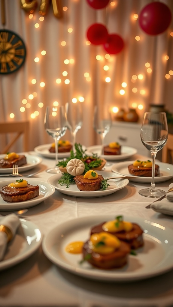 A beautifully set dinner table with plates of steak bites and potatoes ready to be served.