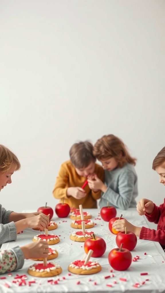 Kids decorating candy apple cookies with colorful toppings.