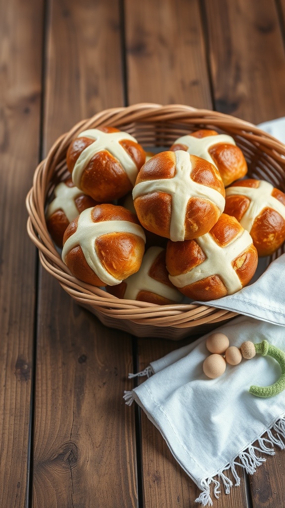 A basket filled with freshly baked hot cross buns.