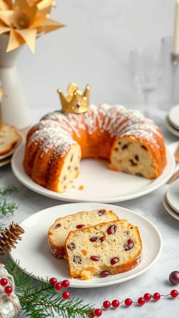 A beautifully plated King Cake with slices ready to serve.