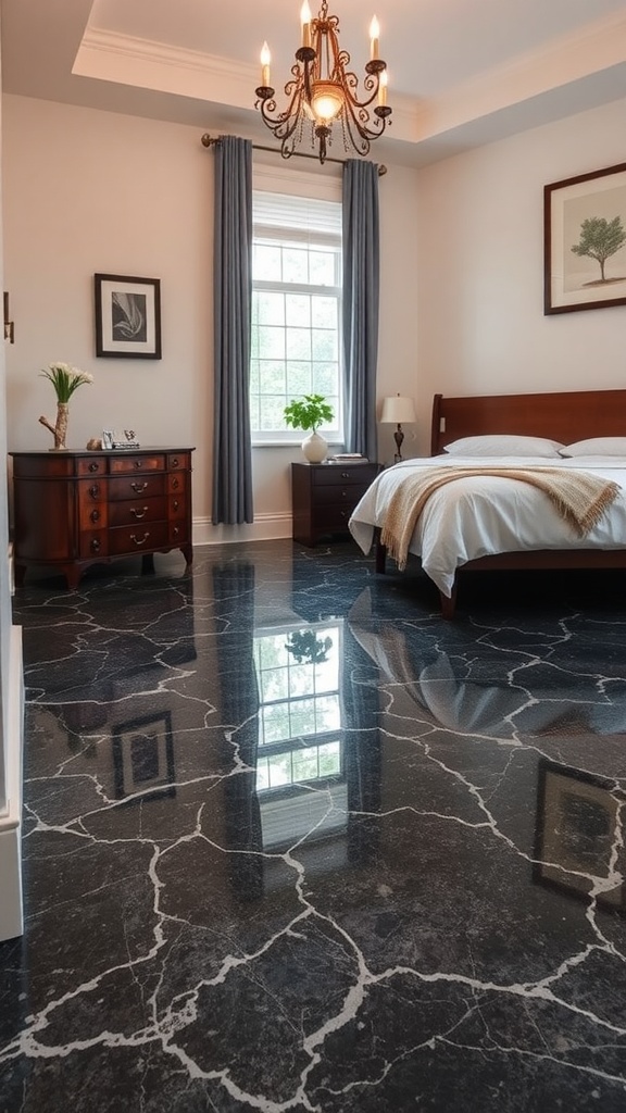 A serene bedroom featuring an elegant epoxy concrete floor with a wooden bed and warm wooden ceiling.