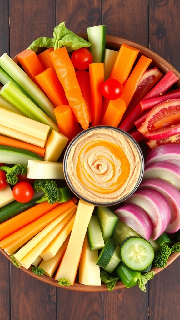 A vibrant hummus and veggie platter with assorted fresh vegetables and a bowl of hummus in the center.