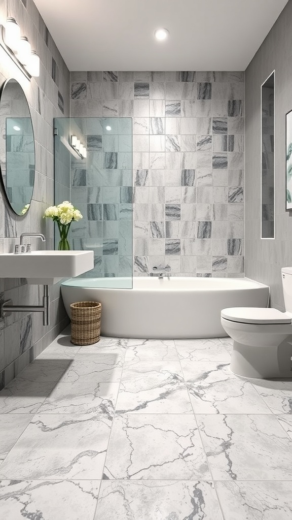 Collage of various bathroom styles featuring epoxy floors, showing modern, classic, rustic, and bright designs.