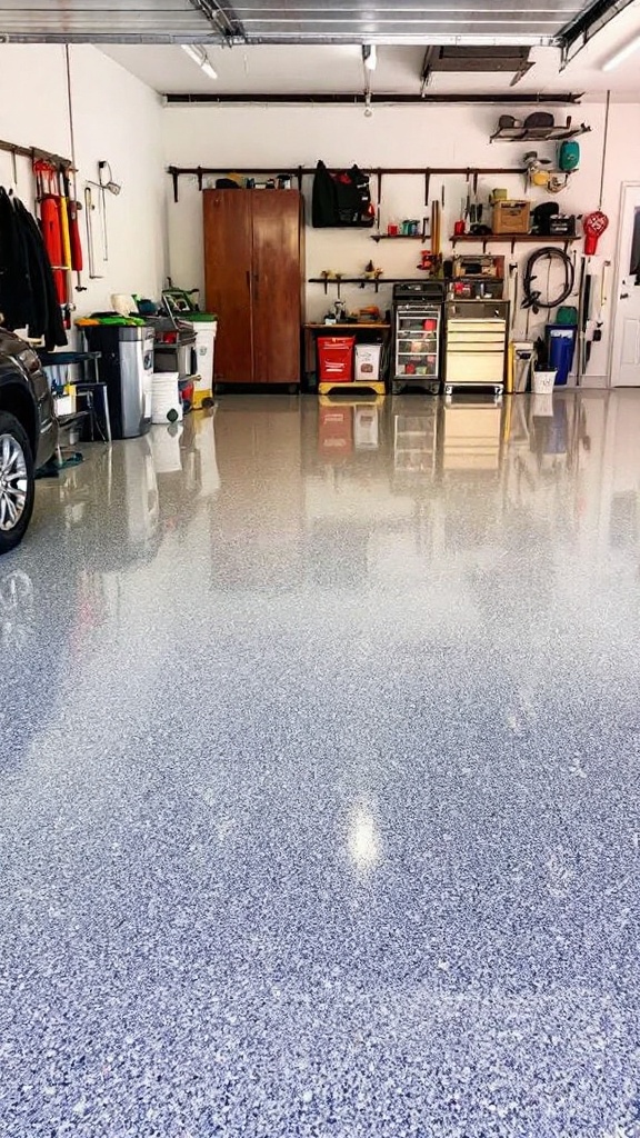 A clean and organized garage space with polished flooring and tools neatly arranged.