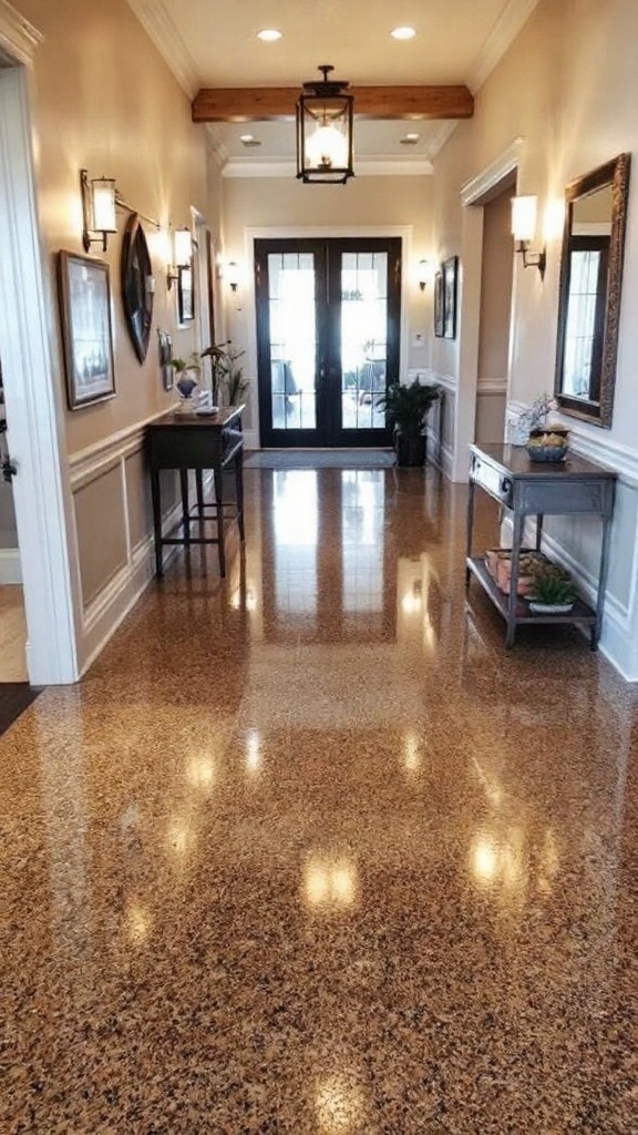Polished hallway with a glossy floor and welcoming decor.
