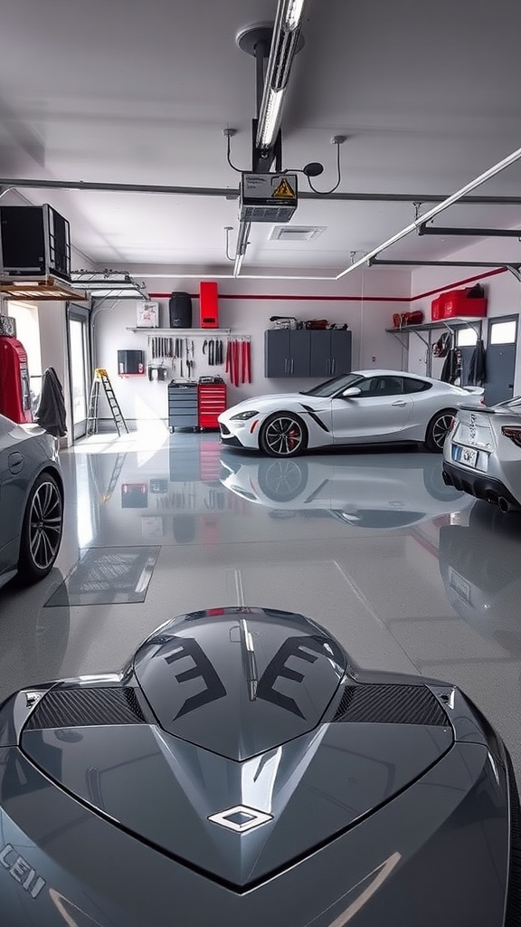 A modern garage showcasing a shiny epoxy floor with cars parked on it.