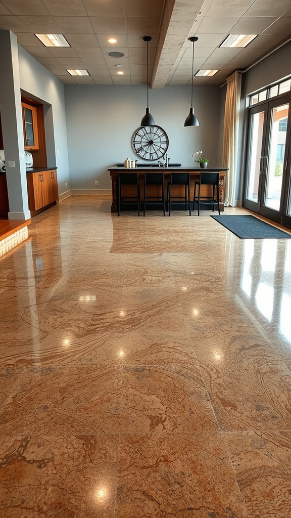 A beautiful epoxy floor designed to mimic marble with reflections and LED lighting.