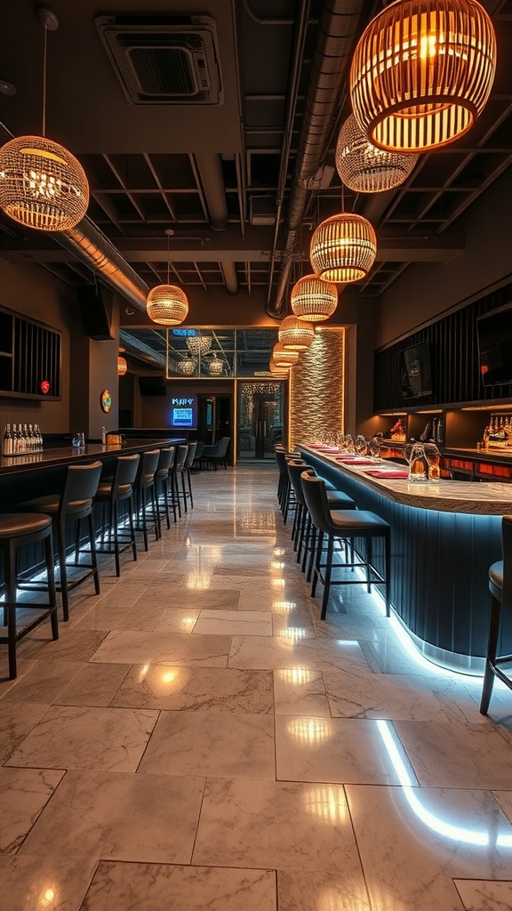 A modern interior showcasing illuminated epoxy concrete floors with swirling patterns and glowing edges.