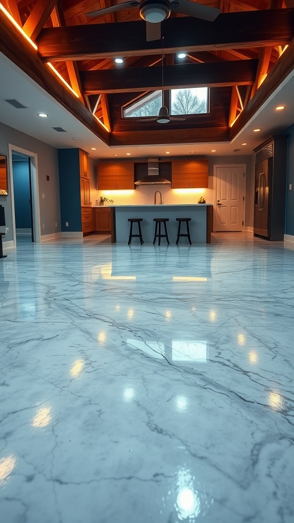 A modern kitchen with illuminated edges featuring a glossy epoxy floor and wooden beams.