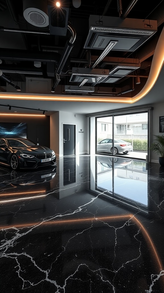 A sleek garage interior showcasing illuminated epoxy borders with a black marble epoxy floor design.