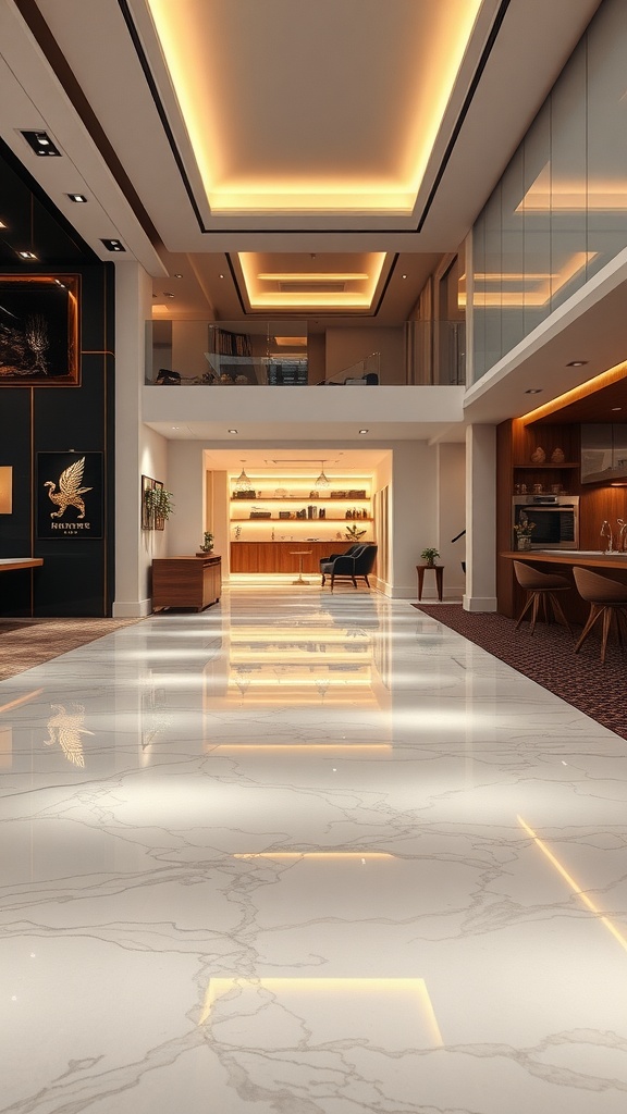 Interior space with illuminated epoxy floor resembling polished marble