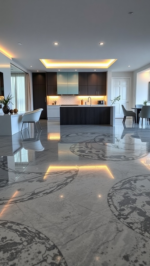 A modern kitchen with illuminated epoxy flooring featuring artistic patterns.